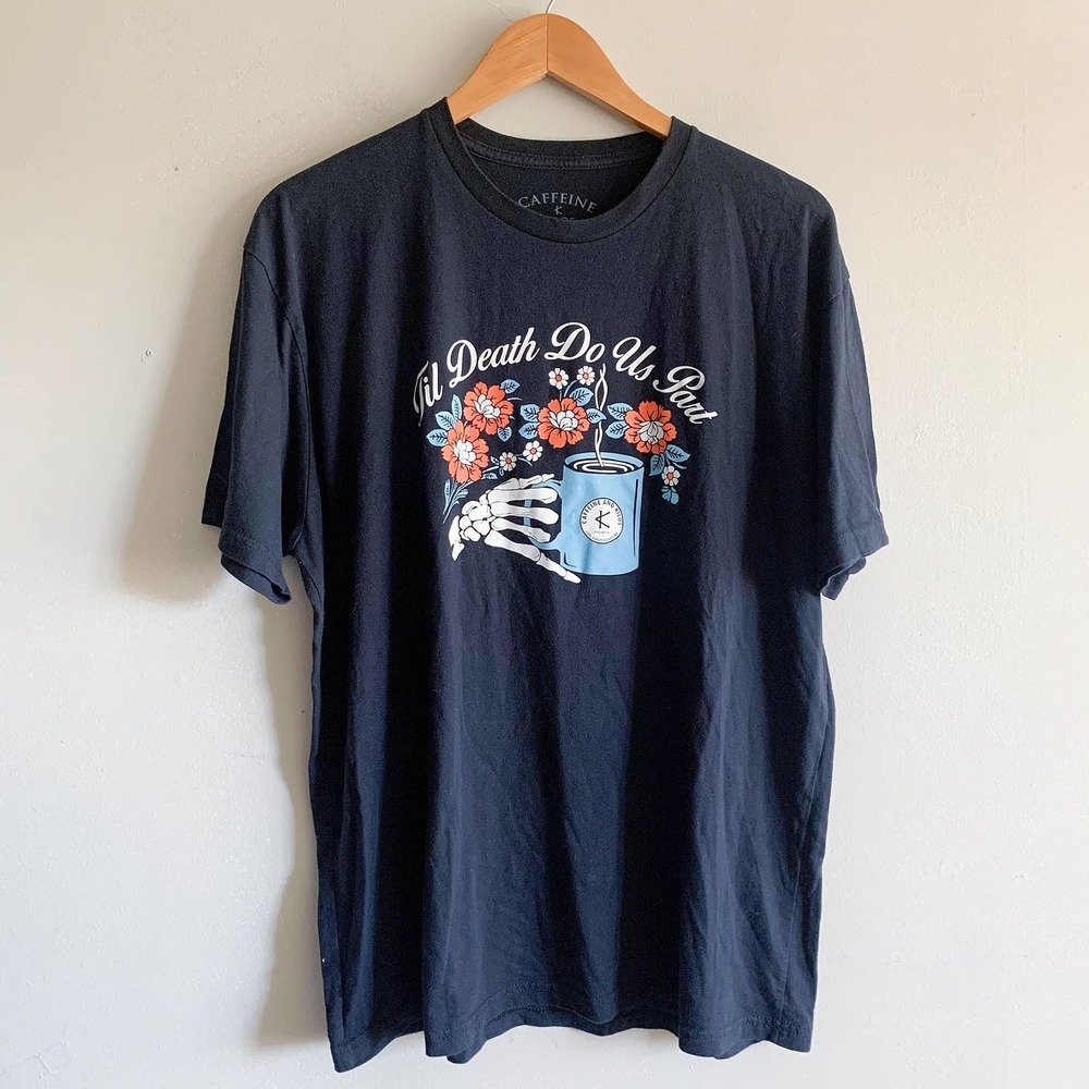 Caffeine & Kilos Till Death Do Us Part Floral Crewneck T-Shirt Men's Size XL